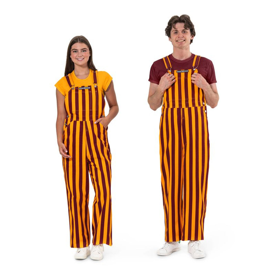 maroon and gold striped overalls