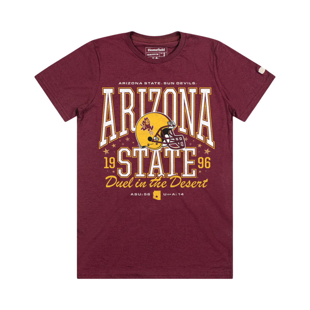 Maroon tee reading Arizona State Sun Devils Duel in the Desert with a Gold Classic Sparky Helmet and the 1996 game against U of A