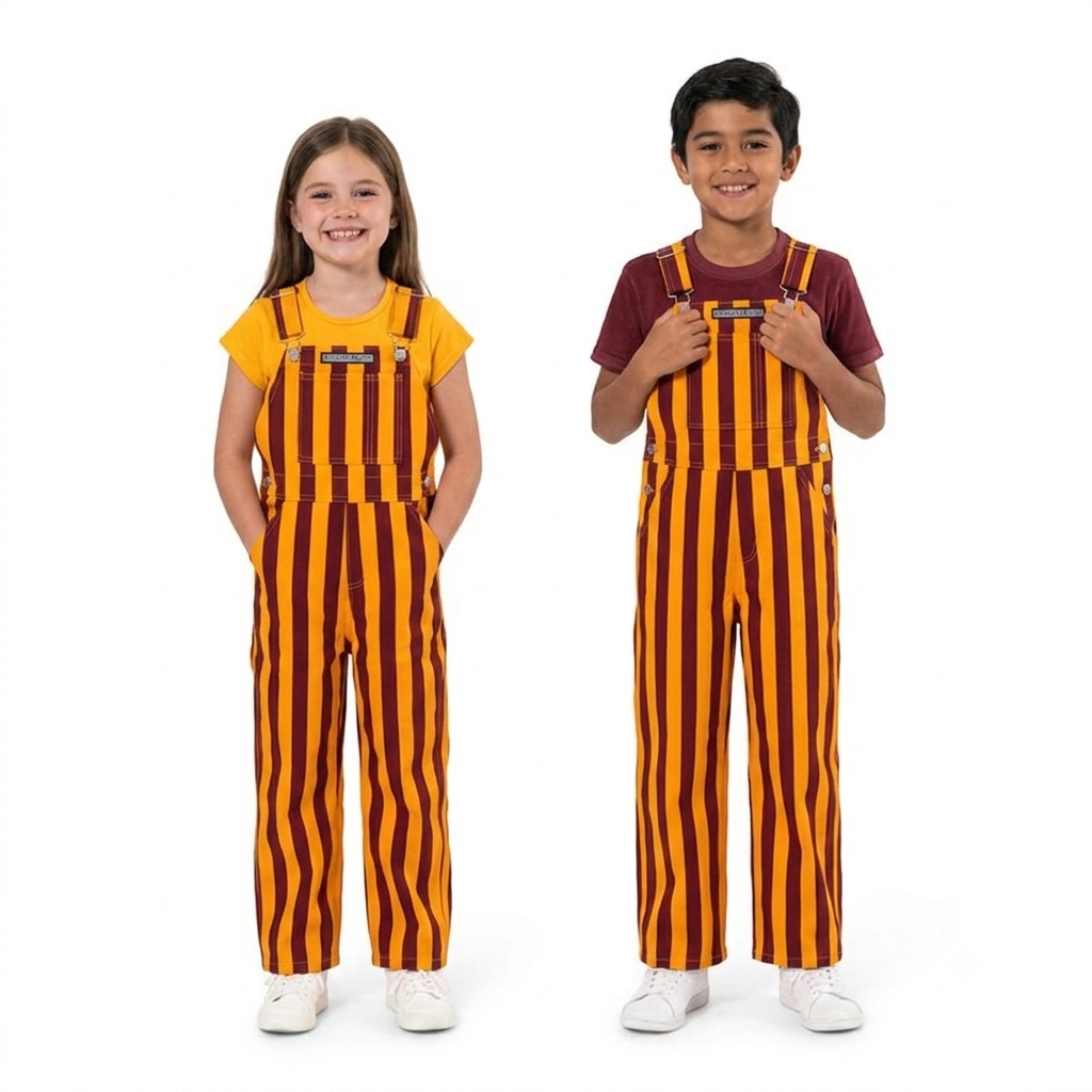 maroon and gold striped overalls