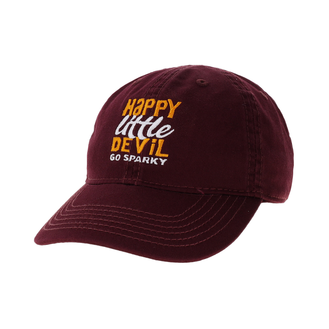 Maroon hat with 'Happy Little Devil Go Sparky' in alternating gold and white wording.