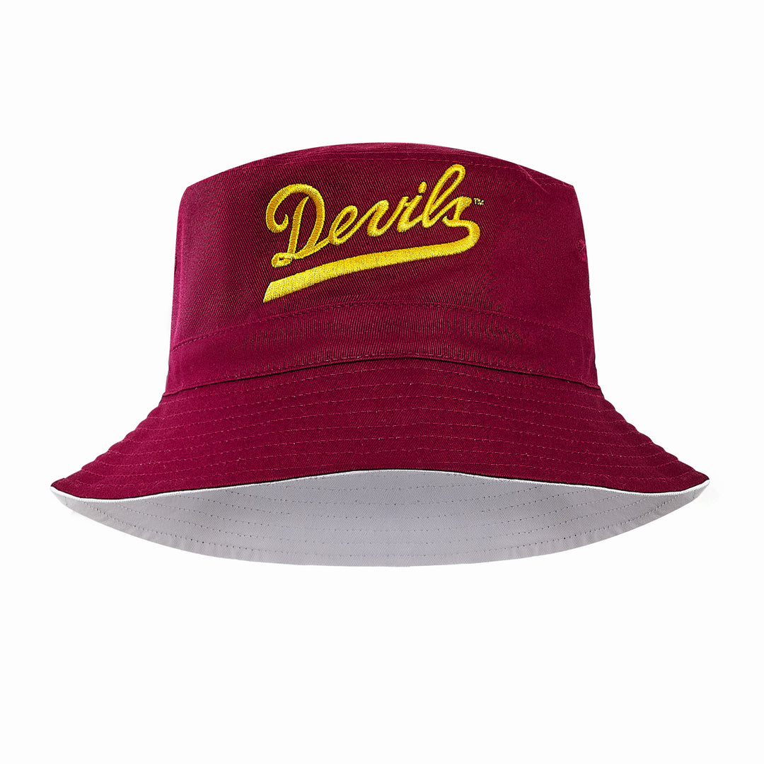 Maroon bucket hat with gold 'Devils' across the top in cursive.