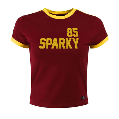 maroon tee with gold collar and sleeves. "85" in gold above "Sparky" text