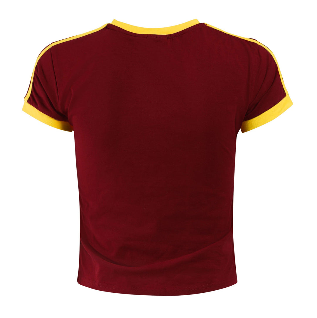 back of maroon tee with gold accent on collar, shoulder, and sleeves