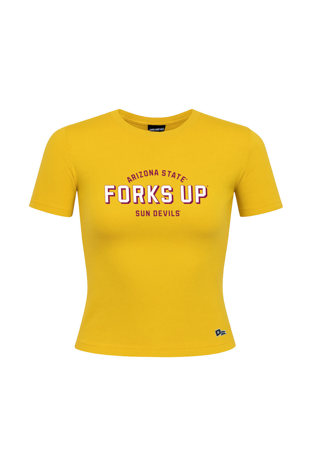Gold tee with Arizona State Sun Devils arched over Forks Up