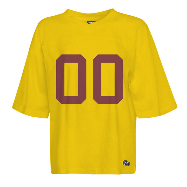 Gold tee with double zero in maroon.