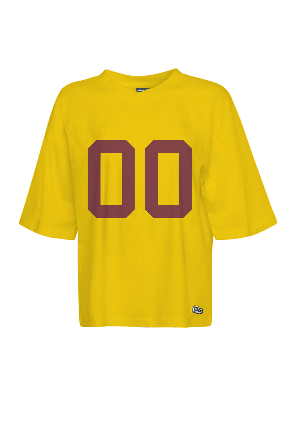 Gold tee with double zero in maroon.