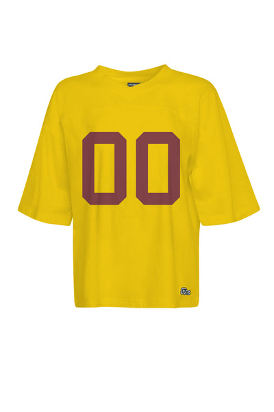 Gold tee with double zero in maroon.