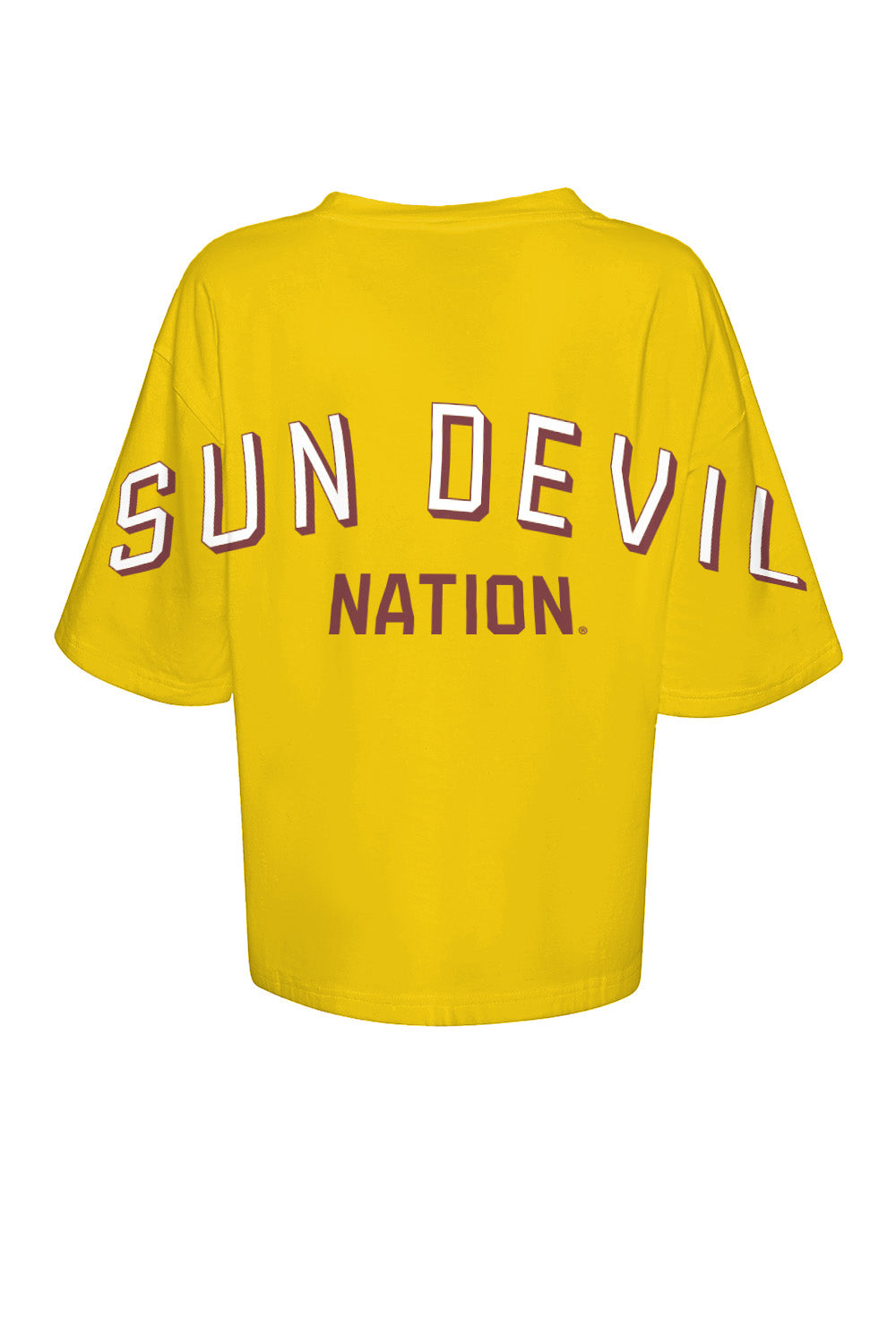 Gold tee with 'Sun Devil Nation' in maroon and white acroos back and sleeves.