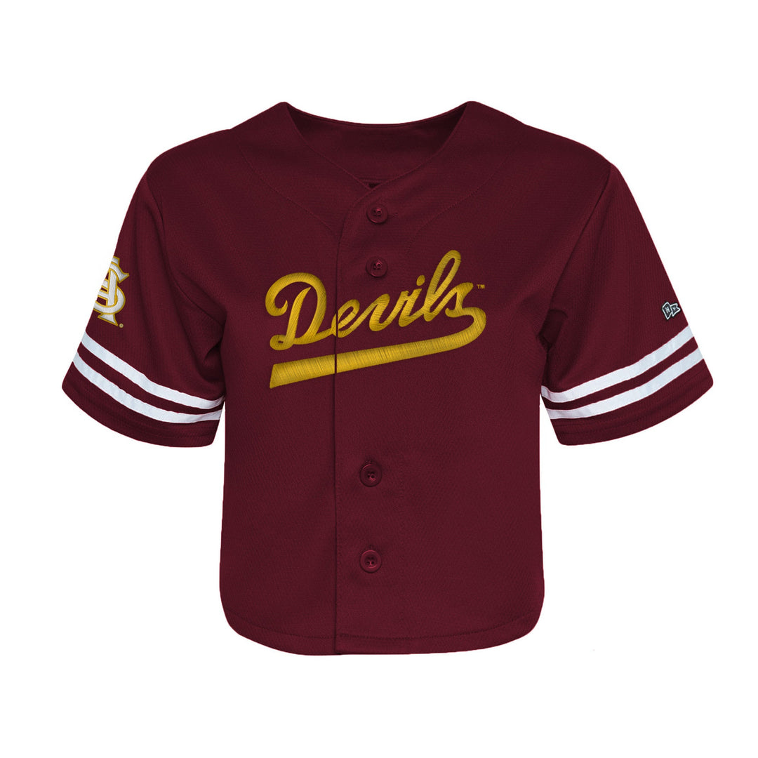 Maroon baseball jersey with 'Devils' text on a white background
