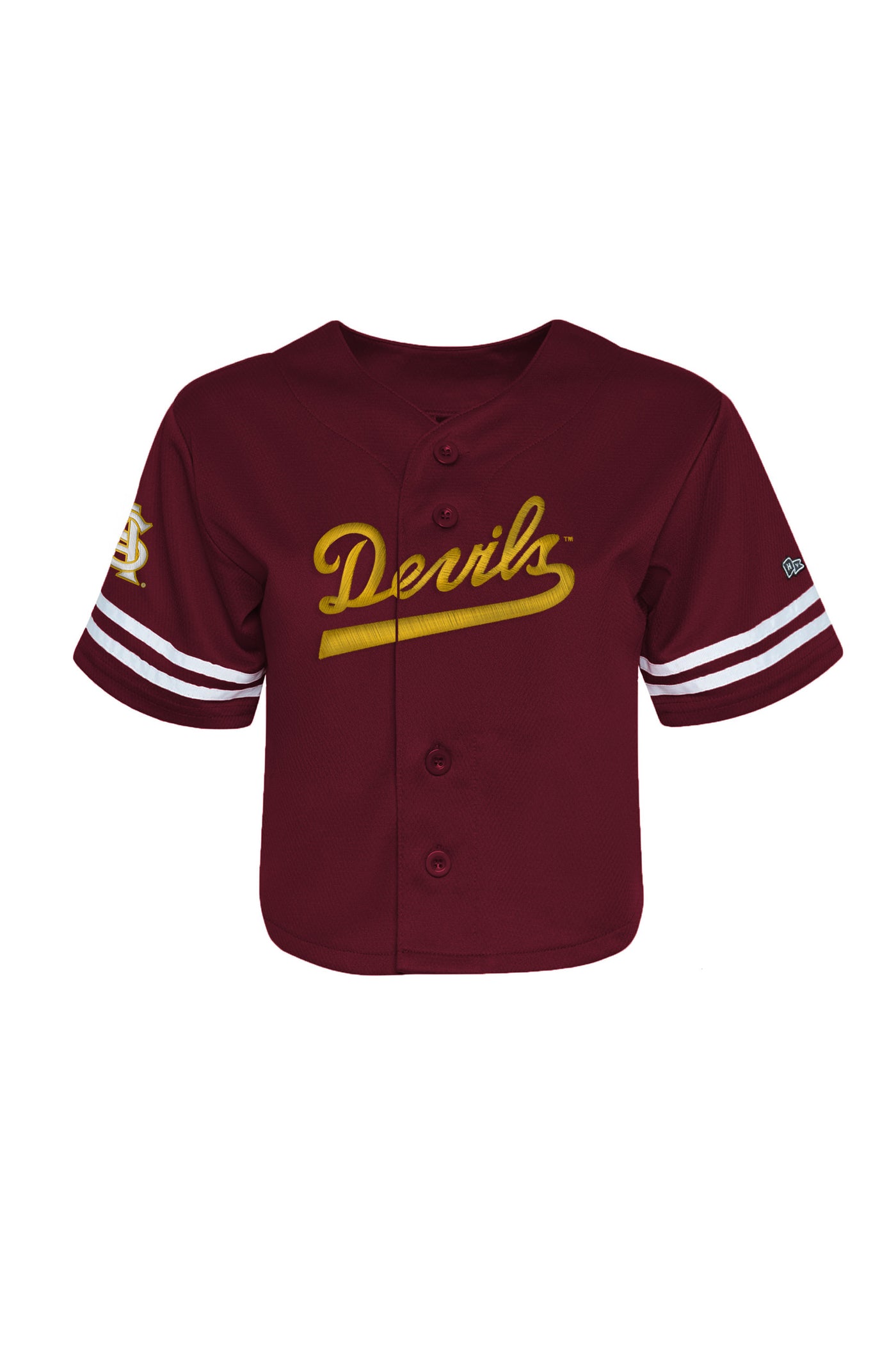 Maroon baseball jersey with 'Devils' text on a white background