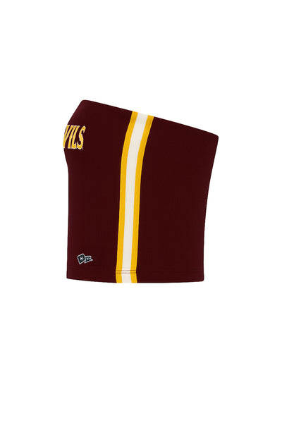maroon top with gold trimmed with stripe on the side from top to bottom.