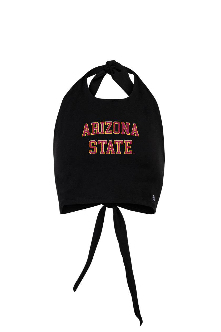 Tie back black halter top with maroon Arizona State on the chest