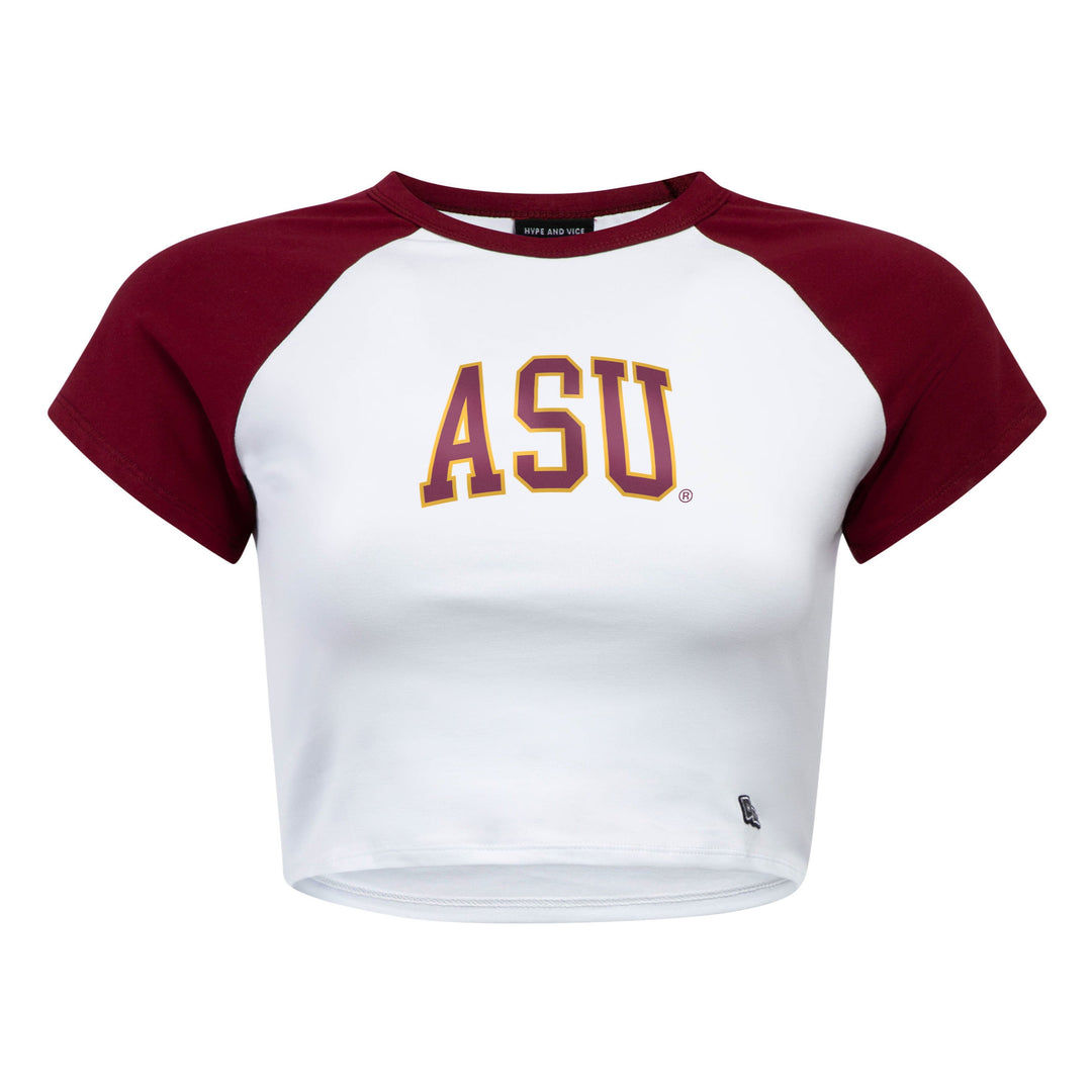 White tee with maroon cap sleeves and 'ASU' in maroon and gold.