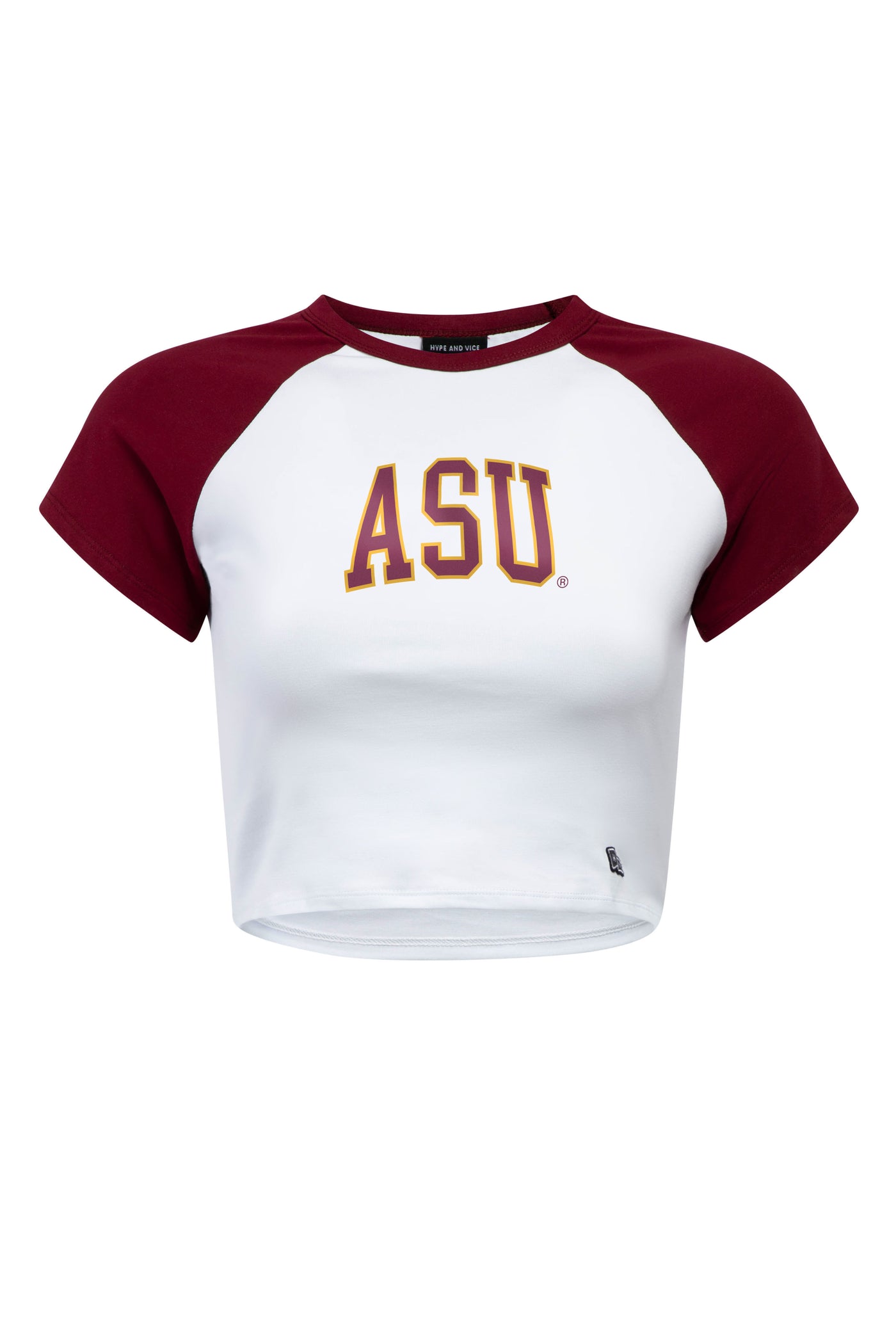 White tee with maroon cap sleeves and 'ASU' in maroon and gold.