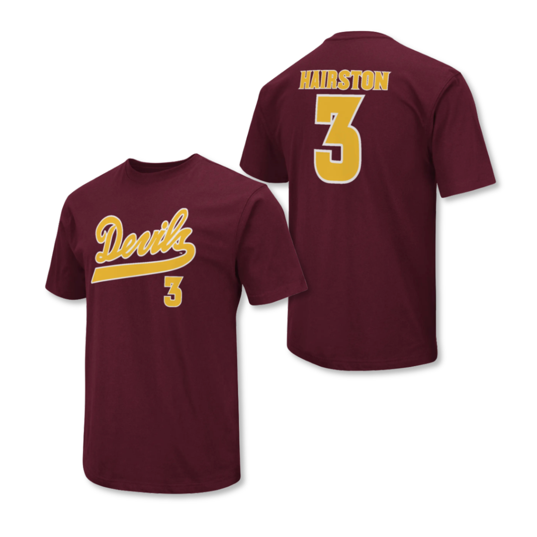 front and back of maroon tee shirt. front says "Devils #3" and back says "Hairston #3"