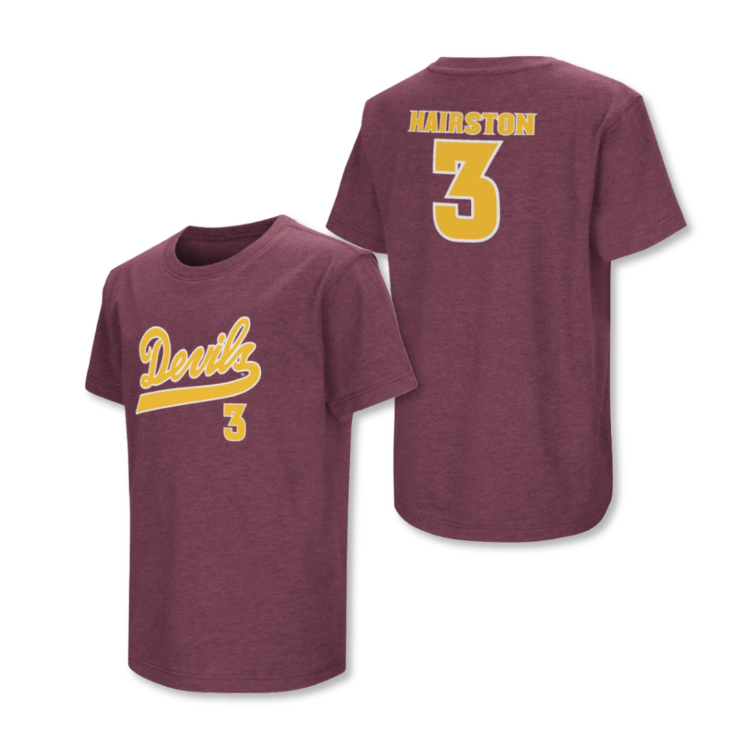 stacked image of front and back of hairston tee. front has devils #3 and back has Hairston #3