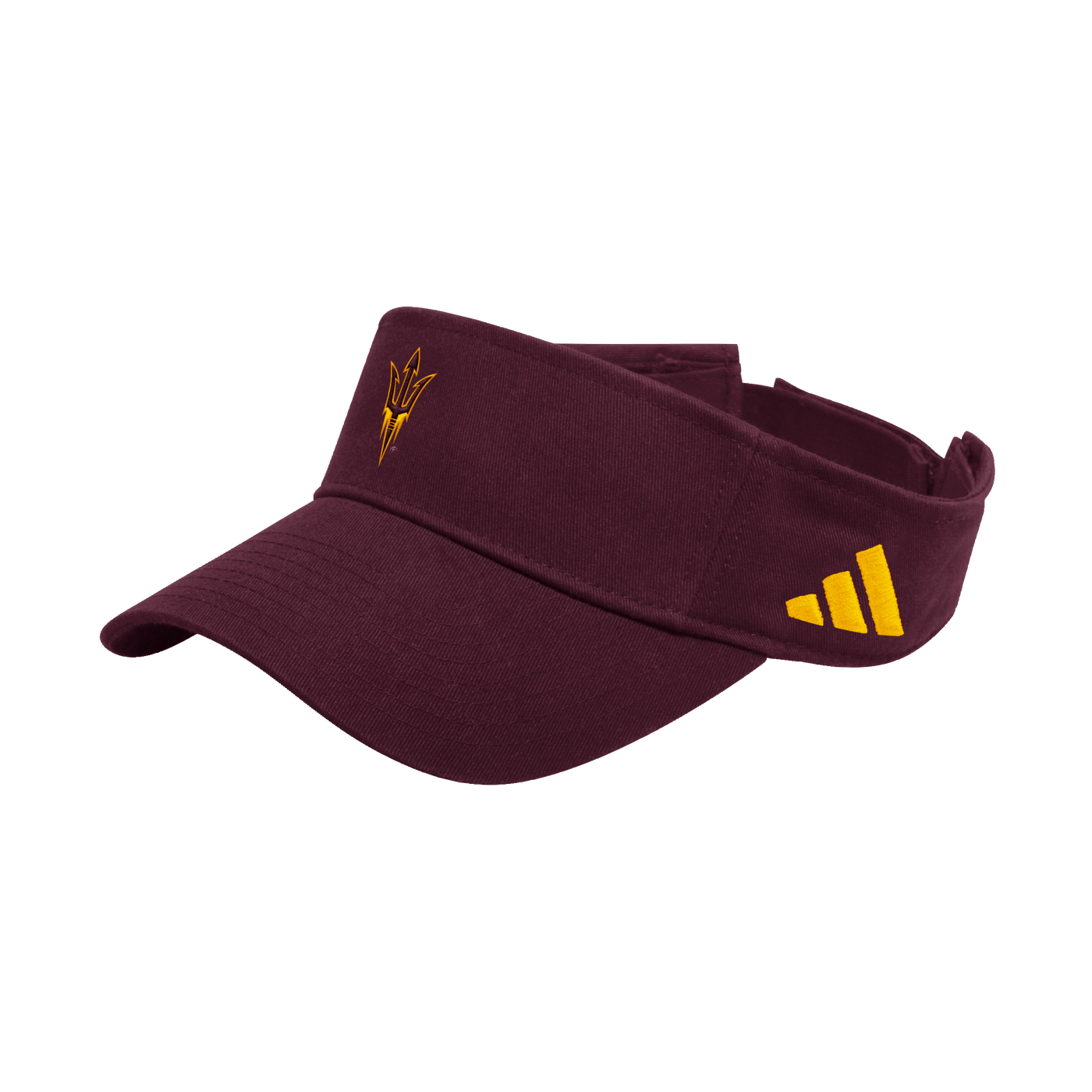maroon visor with gold pitchfork logo on front and gold adidas logo on left temple