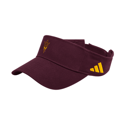 maroon visor with gold pitchfork logo on front and gold adidas logo on left temple