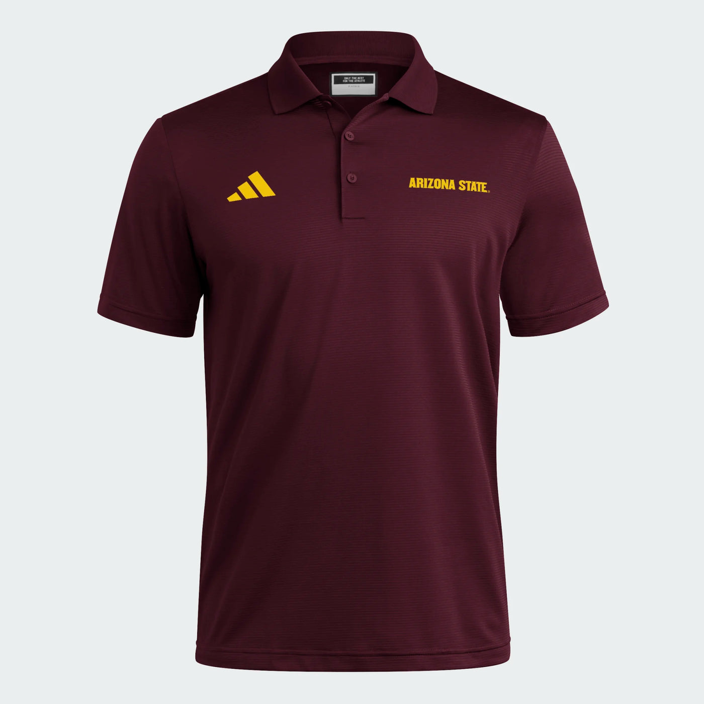 maroon polo with adidas logo in gold on left chest and 