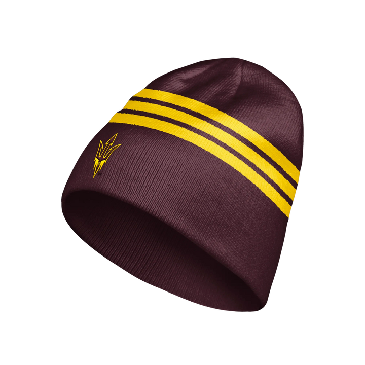 Maroon beanie with yellow stripes and a logo