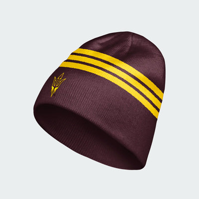 maroon beanie with 3 gold stripes and gold pitchfork logo on front