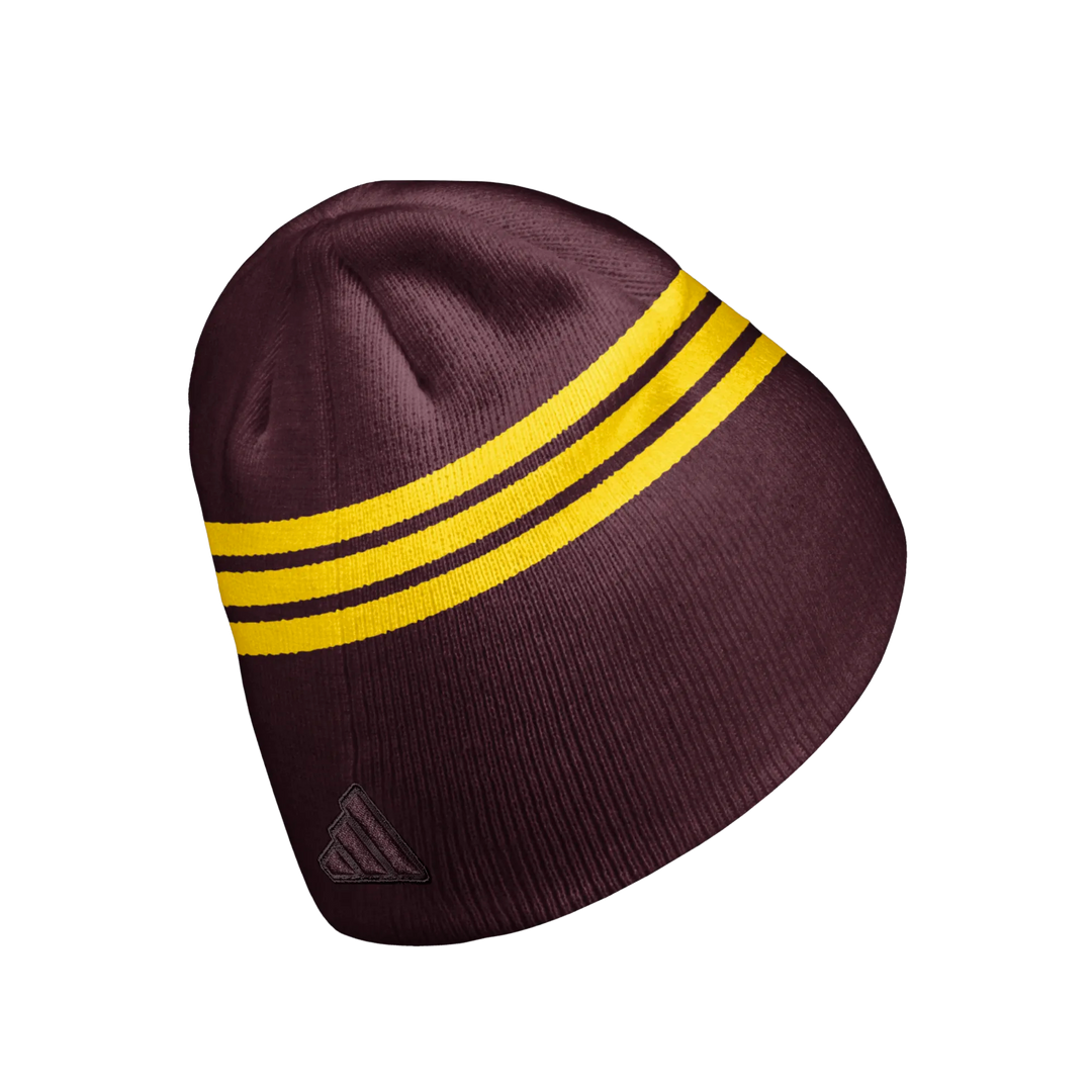 Maroon beanie with yellow stripes and a logo
