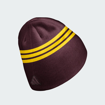 maroon beanie with 3 gold stripes and maroon adidas logo on back