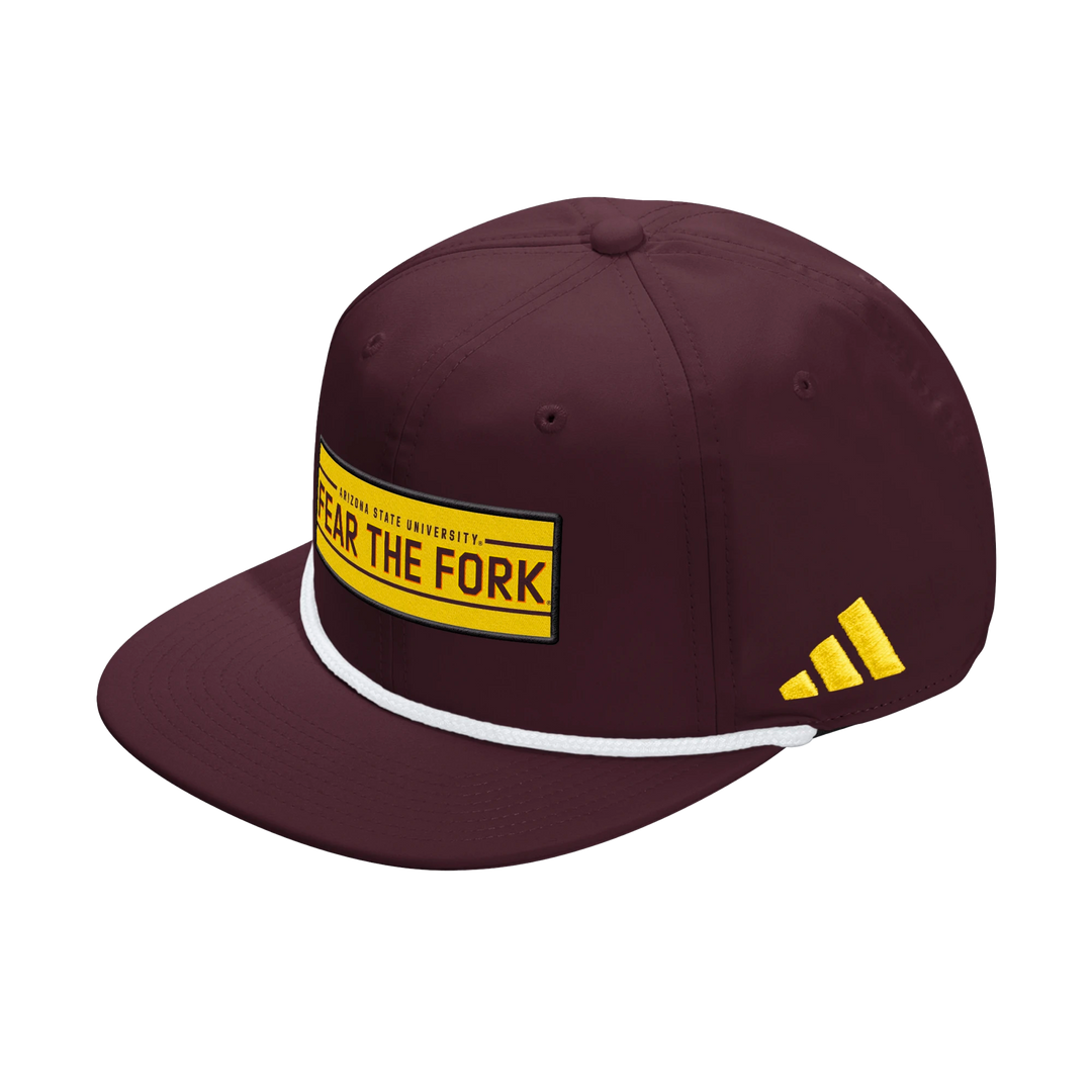 Maroon hat with white rope at base of the brim and gold patch with 'Arizona State University' above 'Fear the Fork' in maroon and gold Adidas logo on the side.