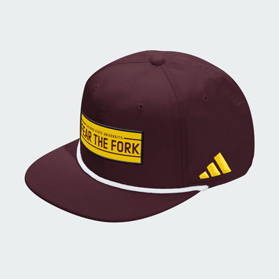 Maroon hat with white rope at base of the brim and gold patch with 'Arizona State University' above 'Fear the Fork' in maroon and gold Adidas logo on the side.
