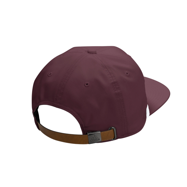 Back of maroon hat with leather adjustable strap and metal clasp.
