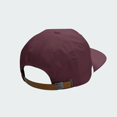 Back of maroon hat with leather adjustable strap and metal clasp.