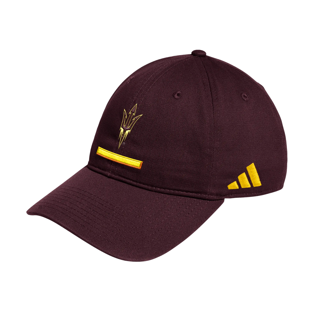 Maroon hat with gold outlined pitchfork above gold bar.