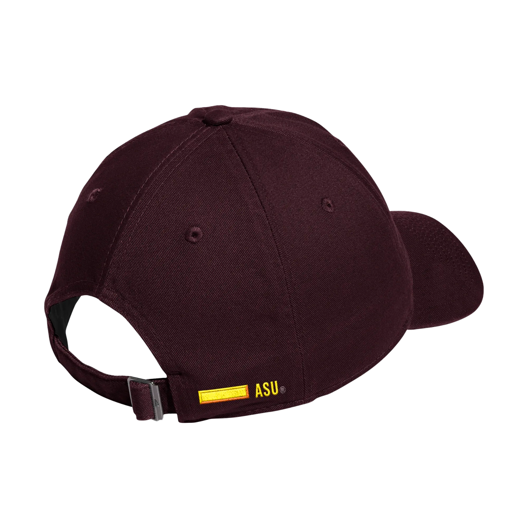 Back of maroon hat with adjustable strap and gold 'ASU' on the side.
