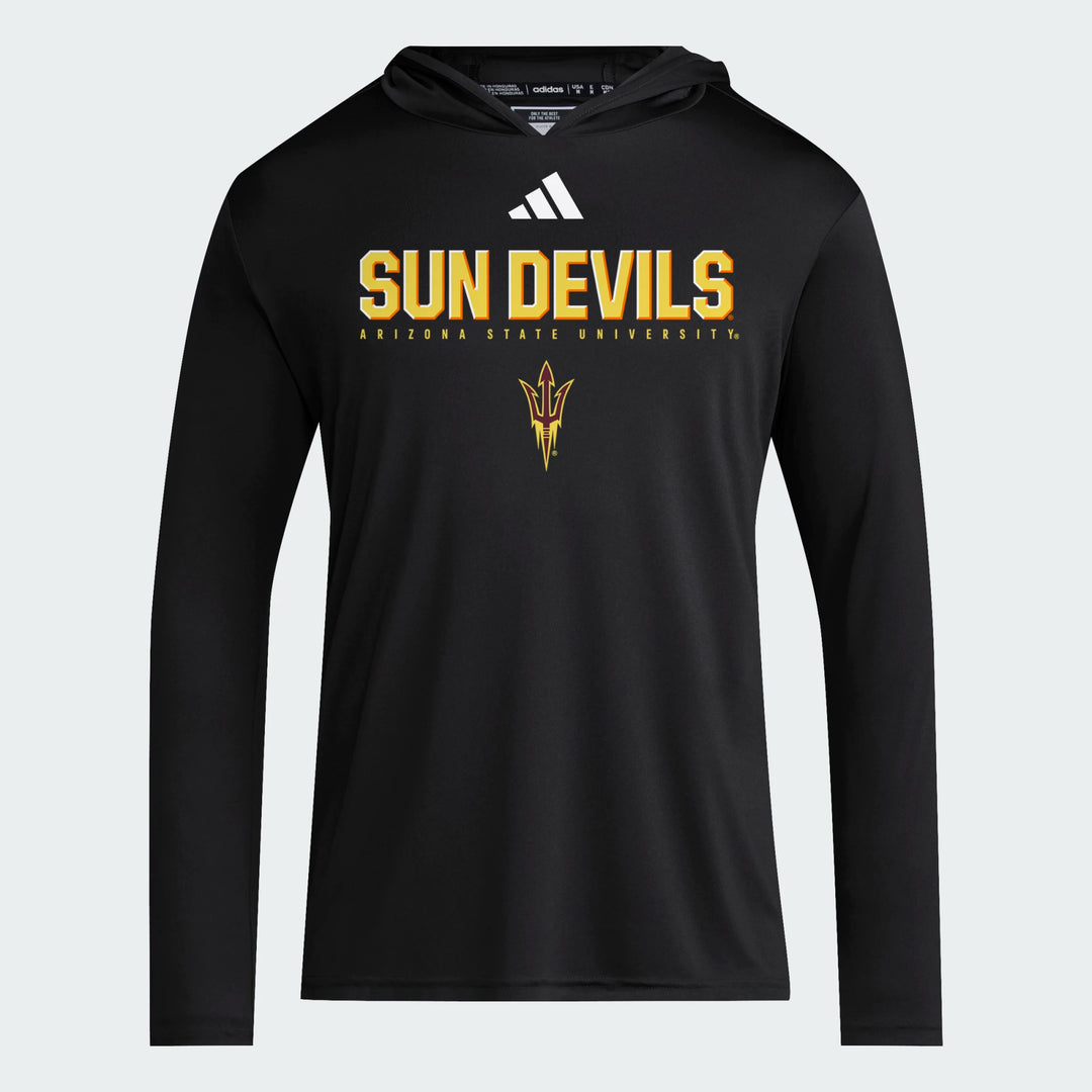 black long sleeve hoody tee with adidas logo in white. "Sun Devils" in gold with "Arizona State University" below and a pitchfork logo below that.