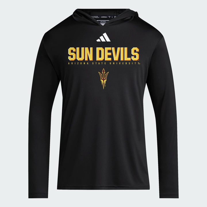 black long sleeve hoody tee with adidas logo in white. "Sun Devils" in gold with "Arizona State University" below and a pitchfork logo below that.