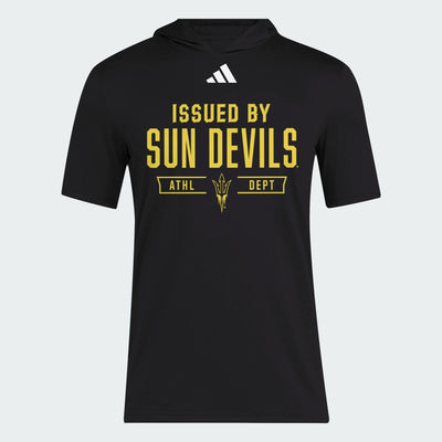 Black hooded tee with 'Issued by Sun Devils Athl Dept' in gold across the chest with gold pitchfork in the center and white Adidas logo on top.