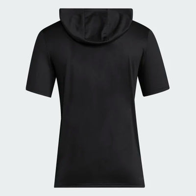 Back of black hooded tee