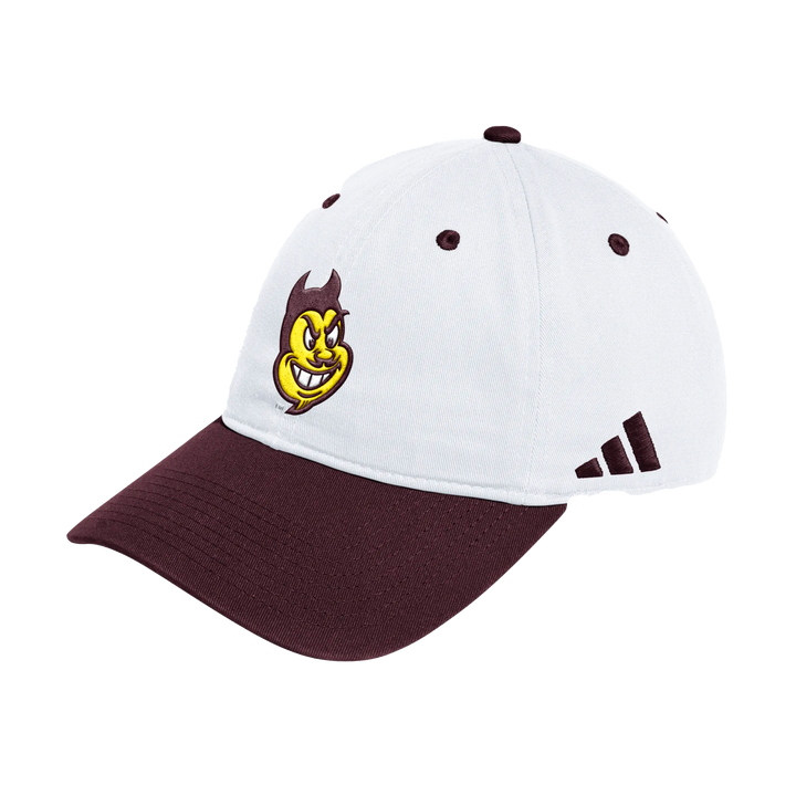 White hat with maroon eyelets and button on top and maroon brim with maroon and gold Sparkyface.