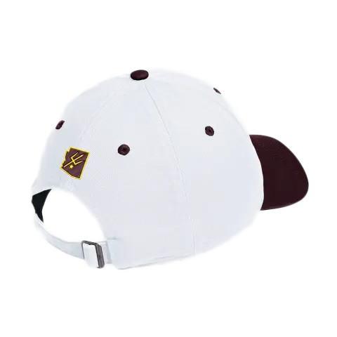 Back of white hat with maroon and gold pitchfork and state of Arizona above adjustable strap.