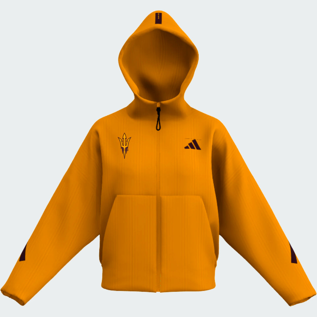 Gold hoodie with Adidas logo on a light gray background