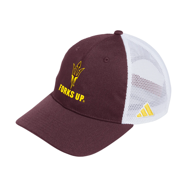 Maroon front and brim with white mesh back and gold pitchfork and 'Forks up' in gold with gold Adidas logo on the side.