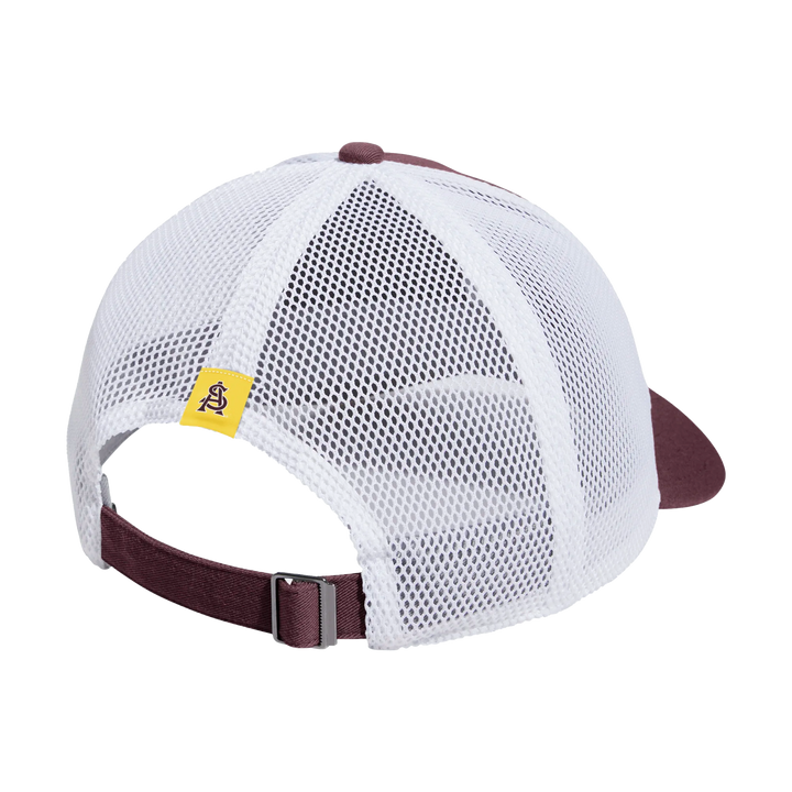 White mesh back with maroon adjustable strap and metal clasp with gold interlocking A&S above the strap.