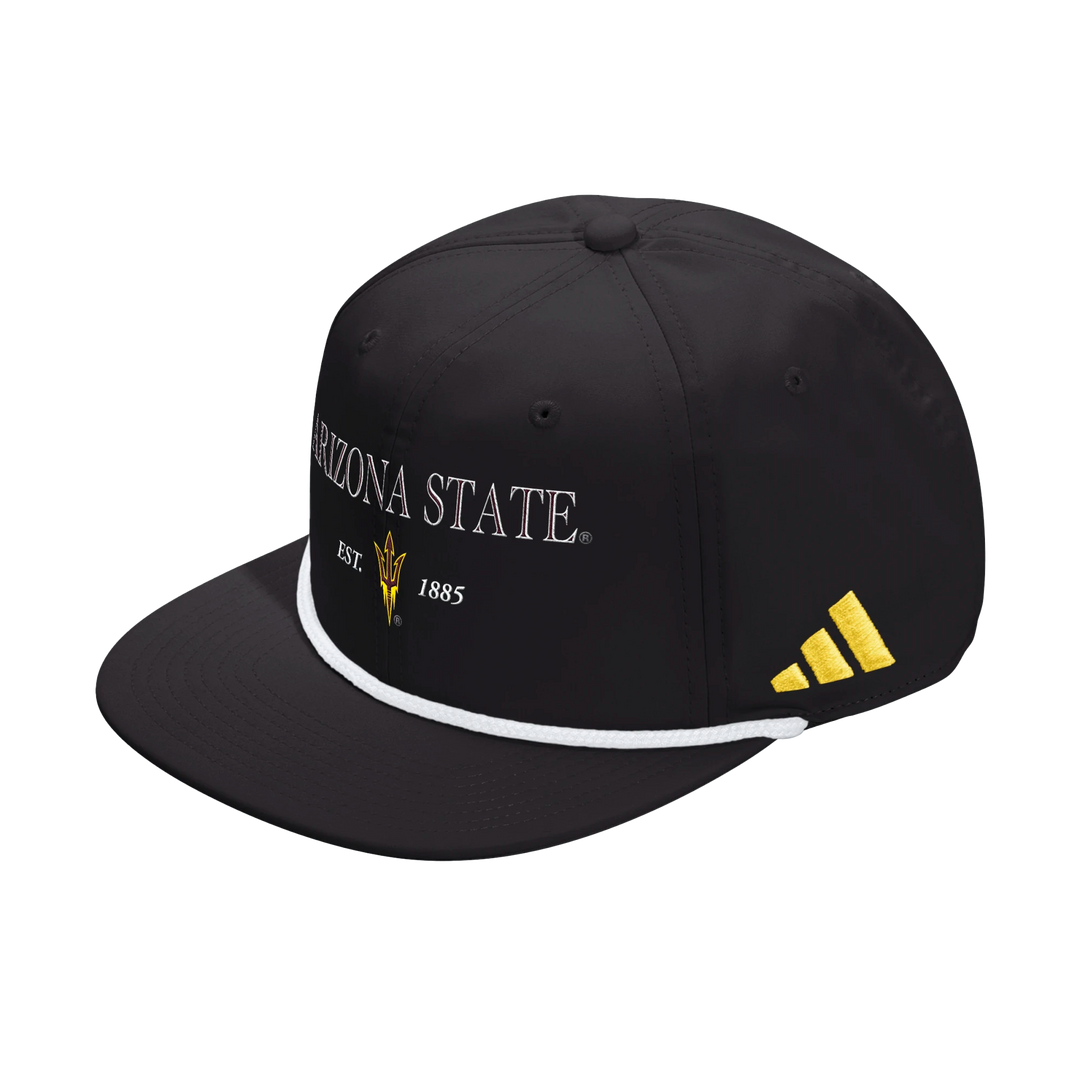Black hat with white rope on the base and "Arizona State est. 1885" in white with maroon and gold pitchfork in the center and gold Adidas logo on the side.