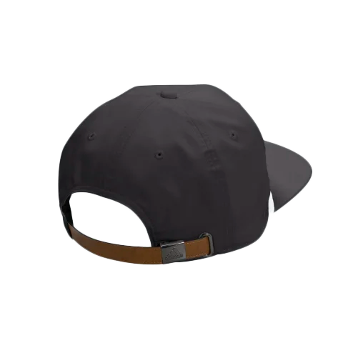 Back of black hat with brown leather strap.