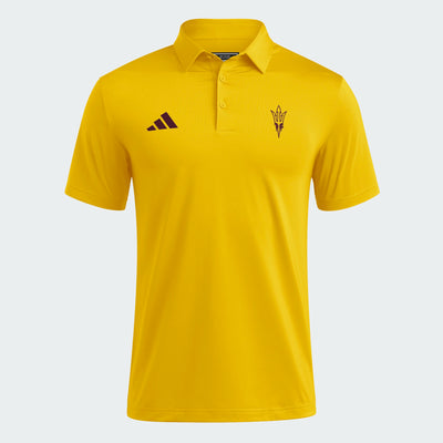 gold polo with adidas logo on left chest and pitchfork logo on right chest in maroon