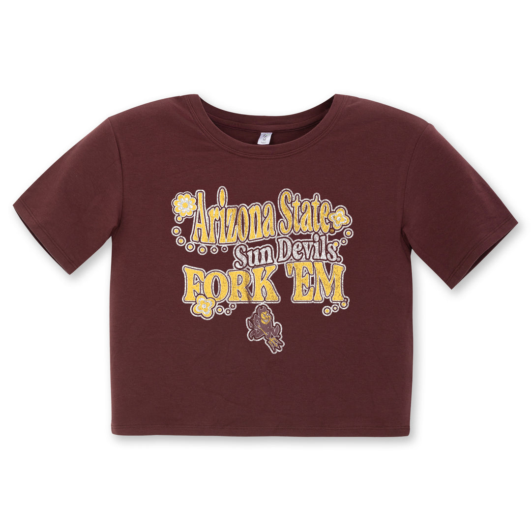 A toddler short-sleeve t-shirt in maroon with a graphic print on the front reading &