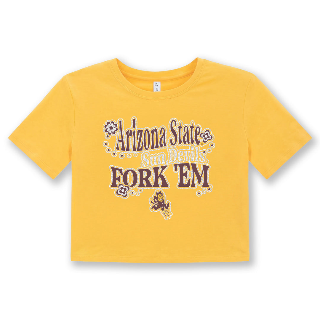 Gold girls tee with flowered, mascot and Arizona State Fork &