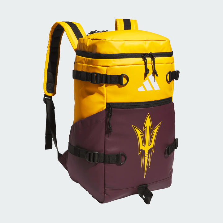 Maroon and gold backpack with adjustable straps and buckles