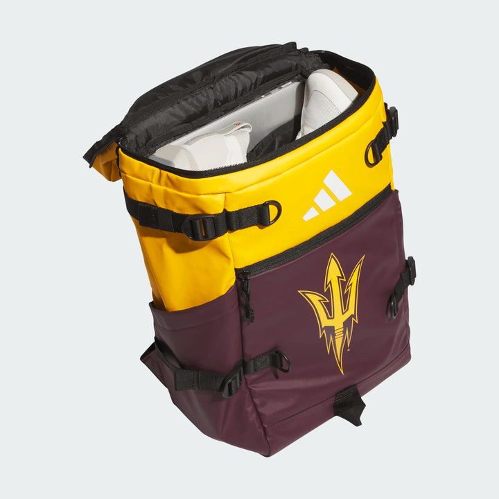 An Adidas Arizona State Sun Devils backpack cooler shown open, featuring a yellow top section with a white Adidas logo, a dark purple bottom section with a gold Arizona State Sun Devils logo, and black straps.