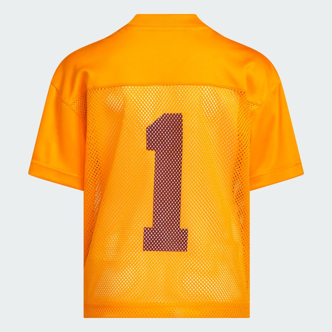 Bright orange mesh short-sleeve jersey shown from the back, featuring a large dark brown number 1 printed on the center back.